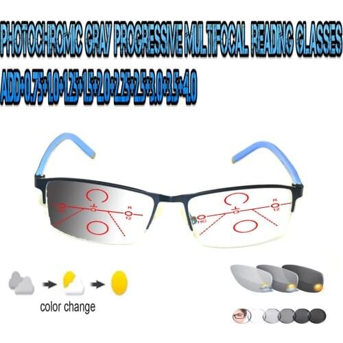 Photochromic Gray Progressive Multifocal Reading Glasses Men Woem Ultralight Blu Frame+1.0 +1.5 +1.75 +2.0 +2.5 +3 +3.5 +4