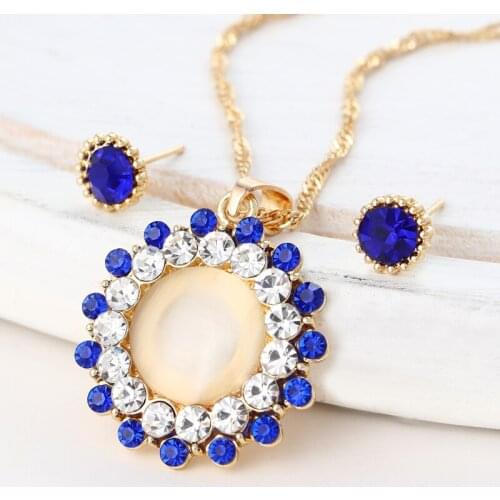 Vintage Water Drop Pendant Necklaces Earrings Set Gold Color Wedding Engagement Crystal Jewelry Sets for Women Opal Jewelry Set