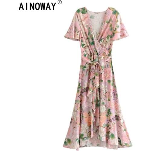 Vintage chic women hippie pink floral print deep V-neck rayon Bohemian dress ladies short sleeve Boho maxi dresses vestidos