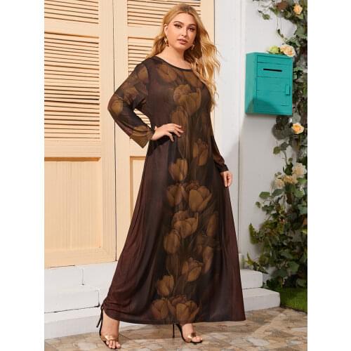 Plus Size Women Clothing 2021 Autumn Winter Women Long Sleeve Retro Floral Print Vintage Dress Maxi Long Dresses