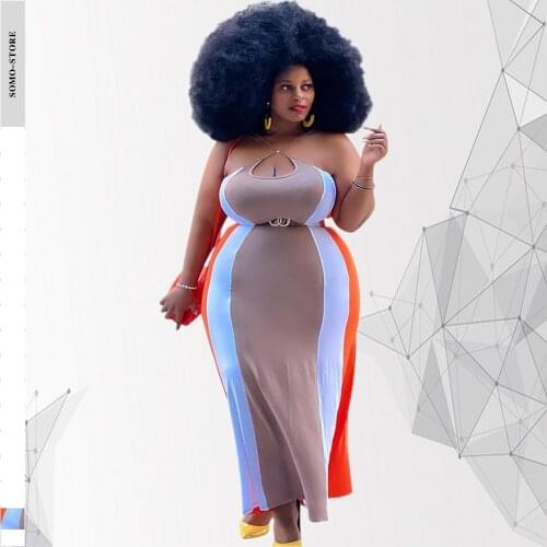 Plus Size Womens Clothing 3xl 4xl Casual Strapless Sling Stitching Color Loose Sexy Swing Long Dress Wholesale Dropshipping