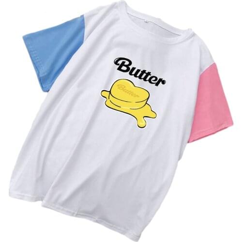 Womens T-Shirt Summer Bangtan Boys BUTTER Printed Cotton Top Casual Spell Color Tee Shirt Woman Korean Kpop Fashion y2k Clothes