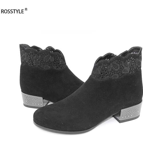 ROSSTYLE Woman Vintage Ankle Boots Zipper Booties Exquisite Embroider Sheepskin Leather Spring Autumn Boots Women Boot Black B12
