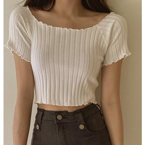 Women Solid Color Off Shoulder Short Sleeve Slim Crop Top Knitted T-shirt Blouse