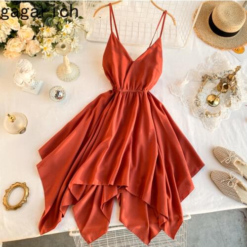 Gagarich Dresses for Women Seaside Sexy V-neck Backless Temperament Elastic Waist Thin Solid Irregular Dresses Robe Ladies