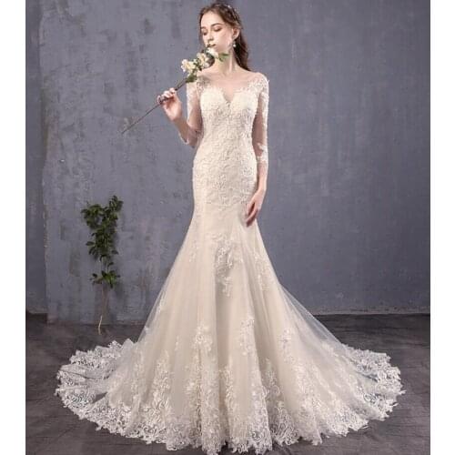 Gorgeous O-Neck 3/4 Long Sleeve Sweep Train Illusion Mermaid Lace Wedding Dress Bride Gown Vestidos De Novia