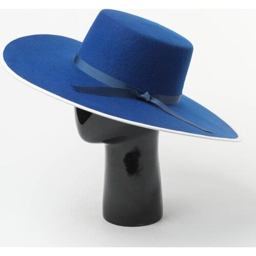 Winter Autum Brand Womens Bow Wide Brim Flat Top Hat , Fedora Wool Church Derby Bowknot Cap,Blue Color Bowler Hat Drop Shipping