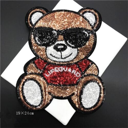 1Pc New Iron on Sunglasses Bear Appliques in Patches Sequin Embroidery Cloth Stickers Coat Sweater Decorative Back Glue 19X24cm