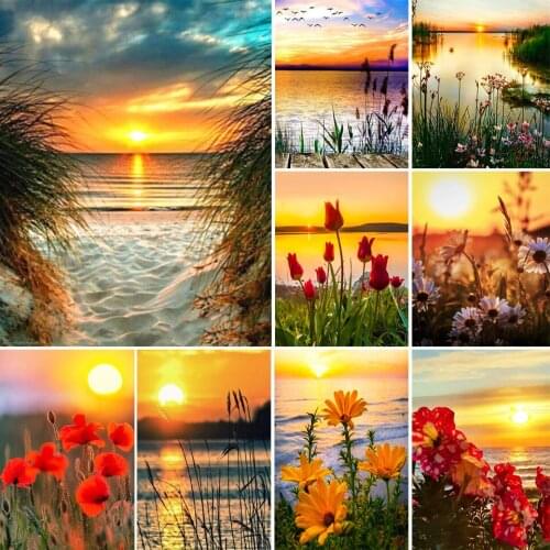 5D DIY Diamond Painting Coastal Sunset Scenery Picture Full Square Full Diamond Embroidery Gift Home Decoration Mosaic Kit
