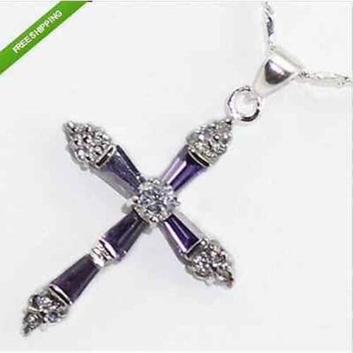 FREE shipping> >>>Beautiful Silver purple stone Cross pendants Necklace