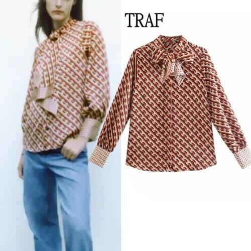 TRAF Women Shirts Za 2021 Vintage Print Long Sleeve Shirt Woman Fashion Bow Tie Blouses Top Women Loose Elegant Blouses Chic Top