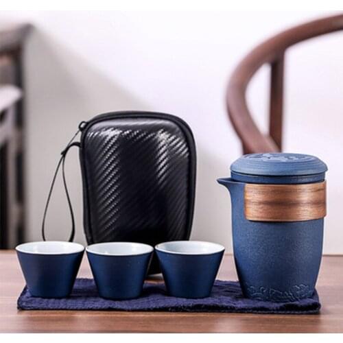 Zen Style Black Pottery Travel Bag Tea Set Ceramic Portable Teapot Set Chinese Kungfu Tea Set Tea Ceremony Teapot Teacup