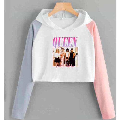 Queen Band Hoodie Crop Top Women Casual Long Sleeve Freddie Mercury Sweatshirt Clothes Hip Hop Ladies Girl Hoodies Sweatshirts