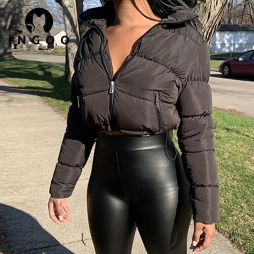 INGOO Winter Parkas Coat Women 2021 Fashion Warm Bubble Short Puffer Coat Casual Zipper Up Jacket Solid Cropped Tops Outerwear