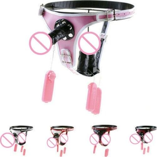 PU Leather Chastity Panties Device with Anal Butt Plugs Female Underwear Thong with Vibrator Sex Toys for Women Lesbian BDSM