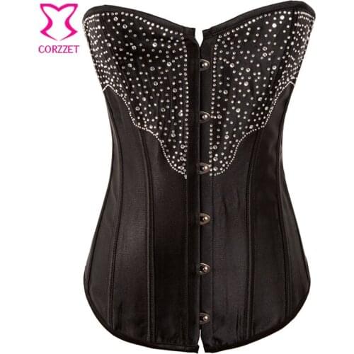 Black Satin Burlesque Showgirl Rhinestone Corset Top Korsett For Women Corsets and Bustiers Waist Slimming Sexy Gothic Clothing