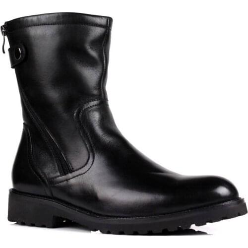 Mens Winter Fur Lining Snow Boots Warm Genuine Leather Mid-Calf Boots With Buckle Antiskid Platform Italian Shoes Male Footwear