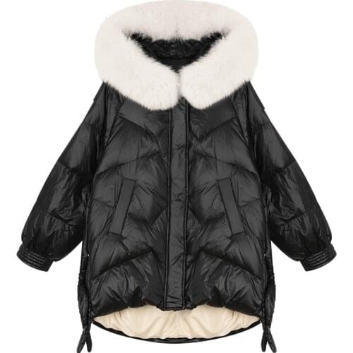 Large Natural Fox Fur Hooded Winter Down Jacket Women Slid Glossy Parkas Streetwear Female Thicken Warm 90% White Duck Down Coat