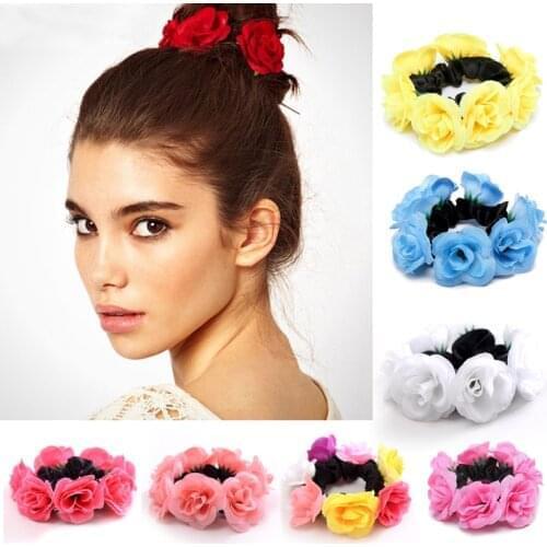 Beautiful Fabric Flower Hair Rose Flower Scrunchie Elastic Hairband Circle Ponytail Hairband Rope Hair Clips Women Headwear