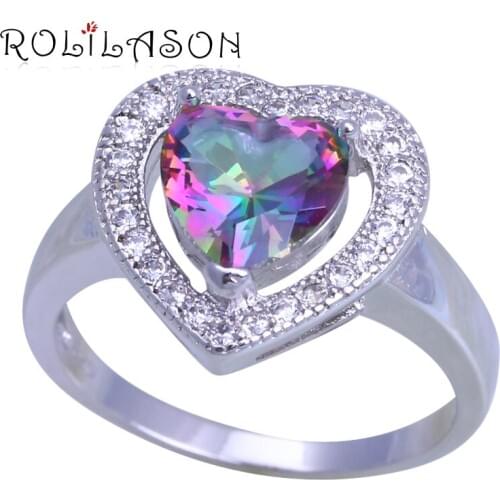ROLILASON Rainbow color design white crystal for women silver color Stamped Fashion Jewelry Rings USA size #6#7#8#9 OR912