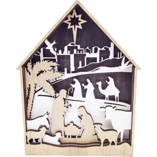 Christmas Nativity Scene Ornament Carved Baby Jesus Sheep Wooden House Religious Christian Church Catholic Gift Easter Decoratio