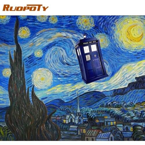 RUOPOTY Frame Diy Painting By Numbers Kits For Adults Famous Picture Starry sky Landscape Paint By Number Coloring Acrylic Paint