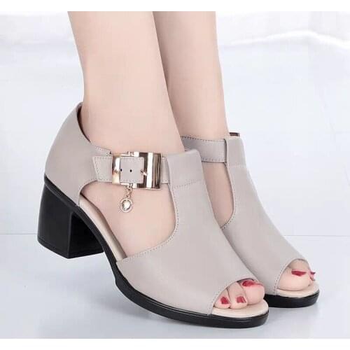 Women Sandals Summer High Heels Sexy Fish Mouth Hollow Roman Sandals Thick With Beaded Anti Skid Plus Size Moms Shoes