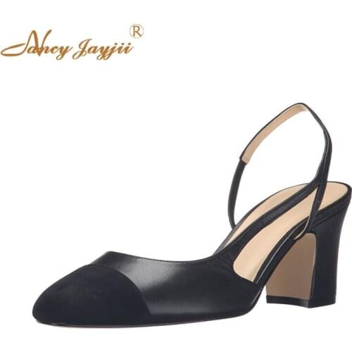 Nancyjayjii Womens Summer 2019 Concise Leather Slingback Pumps Ladies Round Toe High Chunky Heels Ladies Dress Career Shoes 4-16