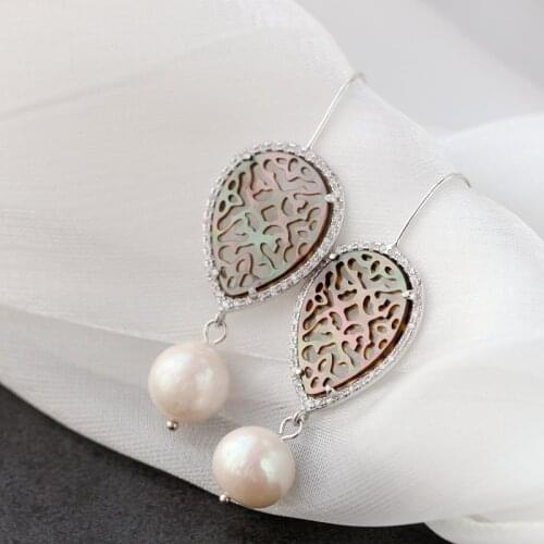 Creative Trendy Black Pearl Shell carved patterns Natural Baroque Freshwater Pearl Personality 925 Sterling Silver long Earring