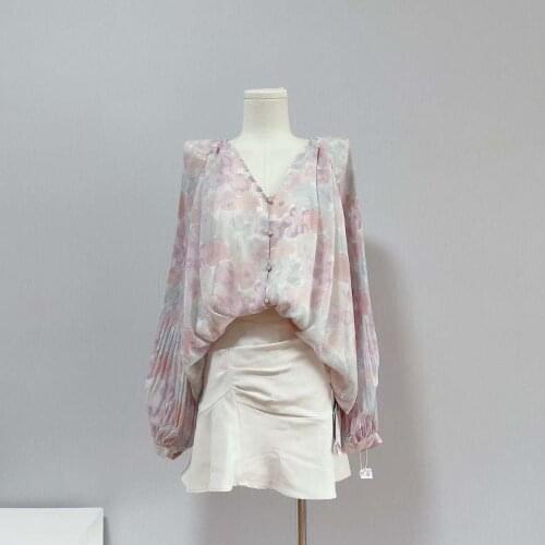 Wind [milaidi] gentle Lantern Sleeve V-neck Floral Chiffon shirt womens new 2021 sweet long sleeve top