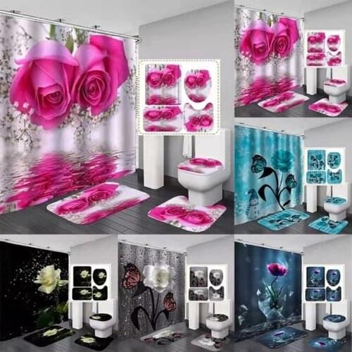 3D Printing Bright Rose Pattern Waterproof Shower Curtain with Hook Non-slip Floor Mat Bath Mat Toilet Cover Bathroom Set