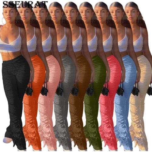 SSEURAT Women Elastic Stacked Pants Leggings High Waist Flare Bell Bottom Ruched Stack Trousers Draped Jogger Pants 2021