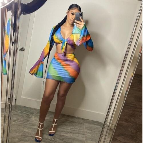 Hirigin 2021 Women Mesh Print Beach suits Summer Flare Long Sleeve Crop Tops+High Waist Skinny Mini Skirt 2 Pcs Set Clubwear