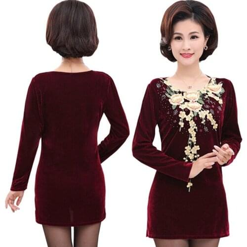 Womens Gold Velvet Tops 2019 Fashion O-neck Long Sleeved Flower Embroidery Middle Aged Mother Bottoming Dress Plus Size 5XL 956