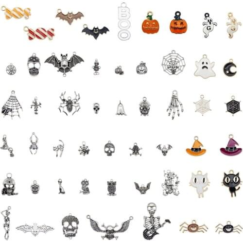 Julie Wang 10pcs Halloween Charms Enamel Alloy Silver Color Ghost Candy Cat Pumpkin Mixed Pendant Jewelry Making Accessory