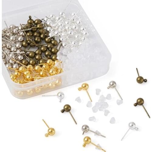 120pcs/Box Brass Round Ball Post Stud Earrings with Loop Plastic Ear Nut for DIY Jewelry Women Earring Making Findings Handmade