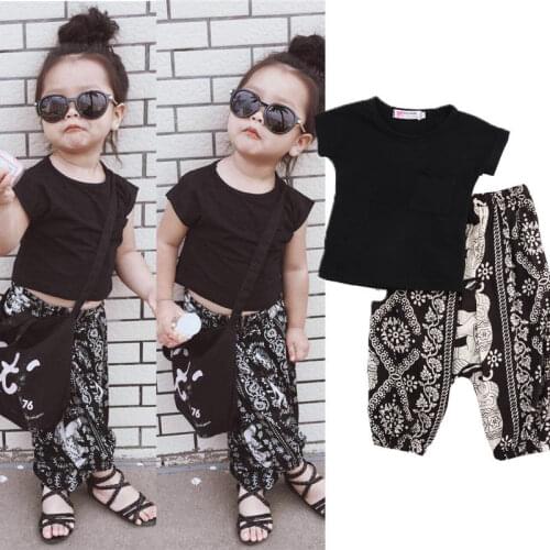 2PCS Summer Fashion Casual Toddler Baby Girls Boys Sets Short Sleeve Solid Black T-Shirts Tops Pattern Print Harem Pants 0-5Y