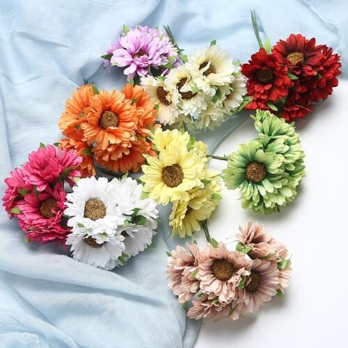 6PCS/Lot Gerbera Chrysanthemum Artificial Flower Bouquet for Wedding Home Decoration Sunflowers Dake Flower DIY Wreath Decor