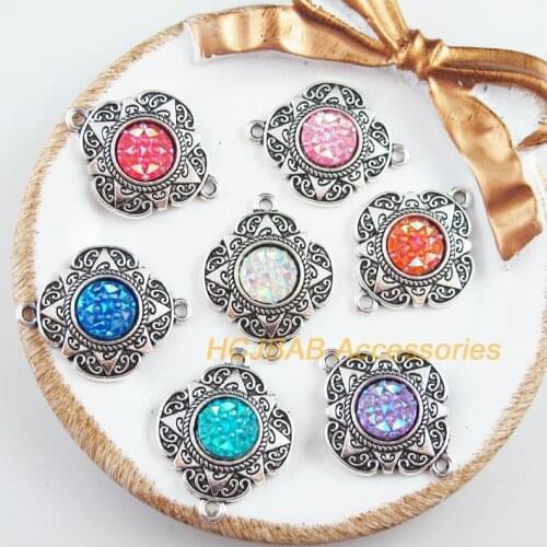7 New Flower Charms Tibetan Silver Tone Retro Mixed Round Resin Connectors 23.5x30mm