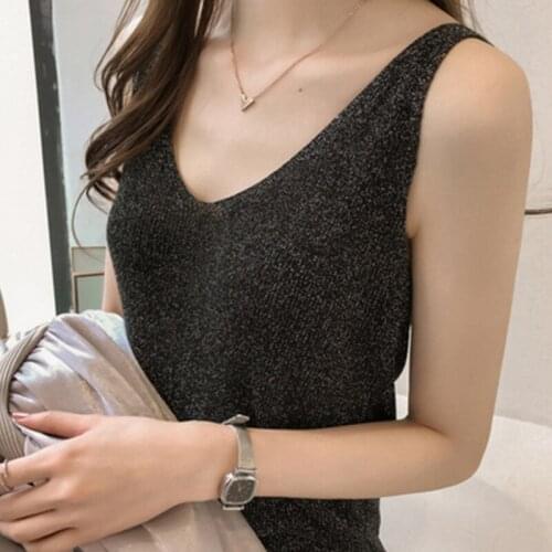 8 Colors Women Sleeveless Tank Tops Sexy Female V-Neck Knitted Camisole Club Girls Metal Strap Camis Thin Shiny Glitter Bling