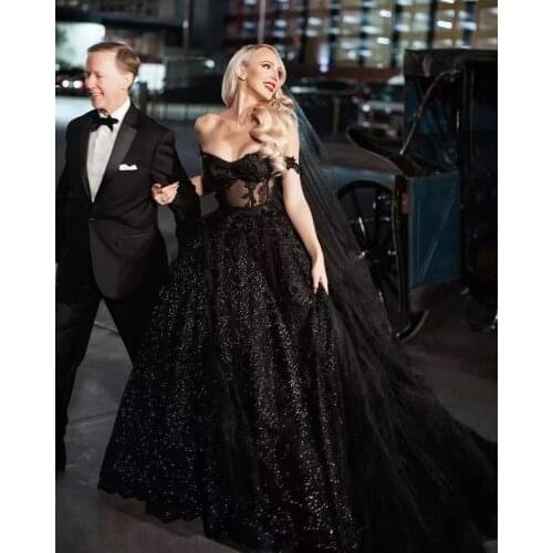 Black Wedding Dresses Lace-Up Glitter Bride Gown with Off Shoulder Ball Gown Sweetheart Lace Wedding Gown Plus Size