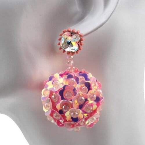 Florosy Fashion New Chunky Bead Flower Crystal Drop Earrings for Women Big Ball Pendant Dangle Statement Handmade Party Earrings