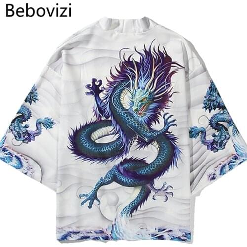 Bebovizi Japanese Style Dragon Cardigan Kimono Cosplay Harajuku Women Man White Yukata Jacket Streetwear Traditional Robe Tops