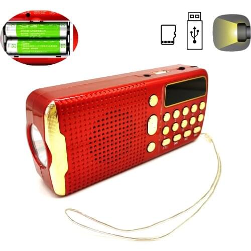 2 Batteries Rechargeable Pocket FM Radio with Flash Light MP3 Player Portable Radio Receiver Speaker Support TF Card USB Disk