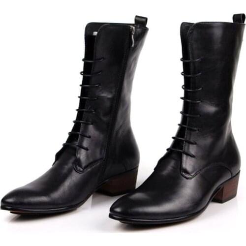 Men Retro Pointed Toe Lace Up Riding Boots Top Brand Genuine Leather Punk Mid-Calf Italian Block Heel Shoes Male Footwear