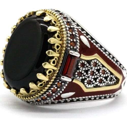 Real Pure Mens Rings Silver s925 Retro Vintage Turkish Rings For Men With Natural Black Agate Stones Turkey Jewelry Male Gift
