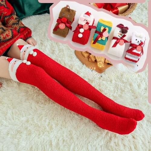 2022 autumn and winter Christmas over the knee coral fleece cartoon three-dimensional female floor socks half fleece sleep socks