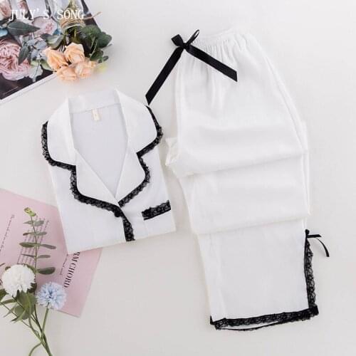 JULYS SONG 2PCS Pajamas Woman Satin Satin Slik Spring Summer Elegant Pajama Set Female Sexy Lace Sleepwear Casual Homewear