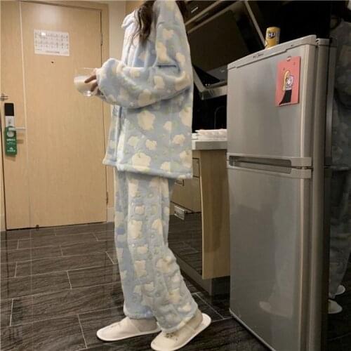 QWEEK Pajamas for Women Korean Style Kawaii Clouds Moon Print Pijamas 2021 Autumn Winter Warm and Comfortable Pyjamas Home Wear