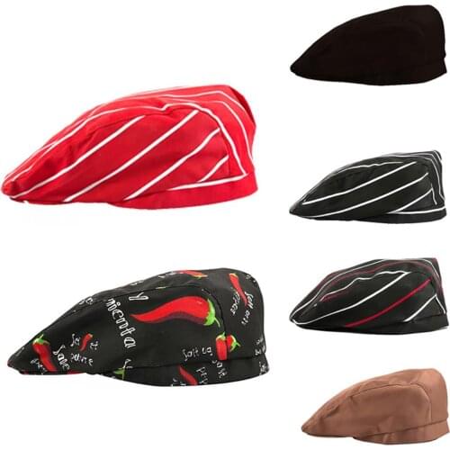 Striped Grid Print Cap Professional Kitchen Catering Waiter Cook Chef Hat Working Cap